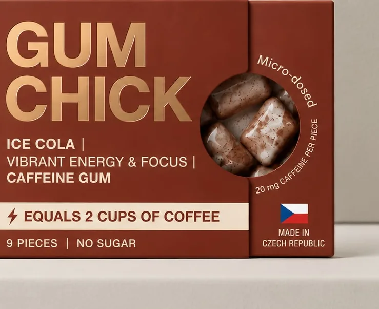 Gumchick Ice Cola pack — icy blue box with gold lettering and Czech flag